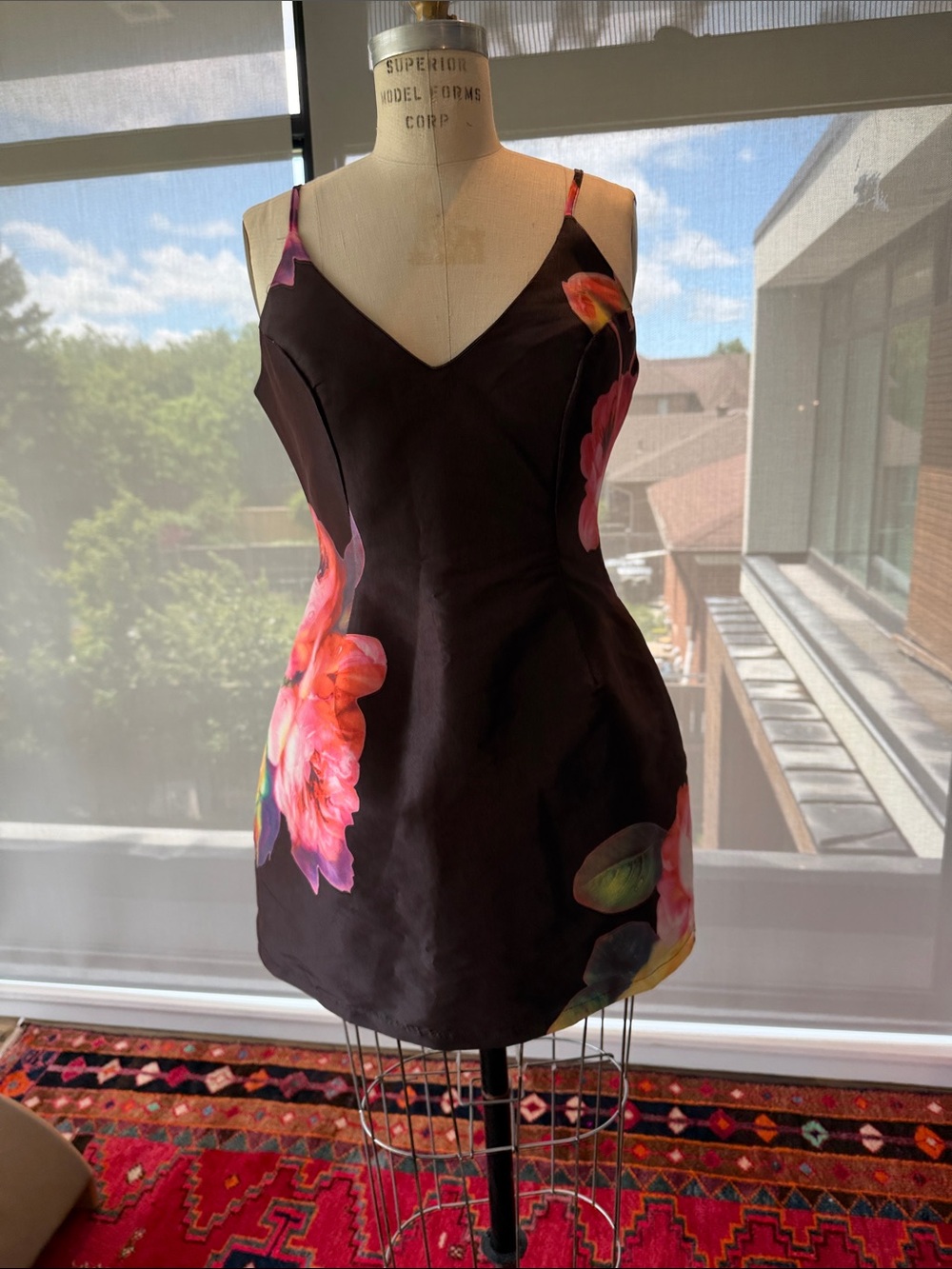 Black Floral Slip Mini Dress with Pink Blooms